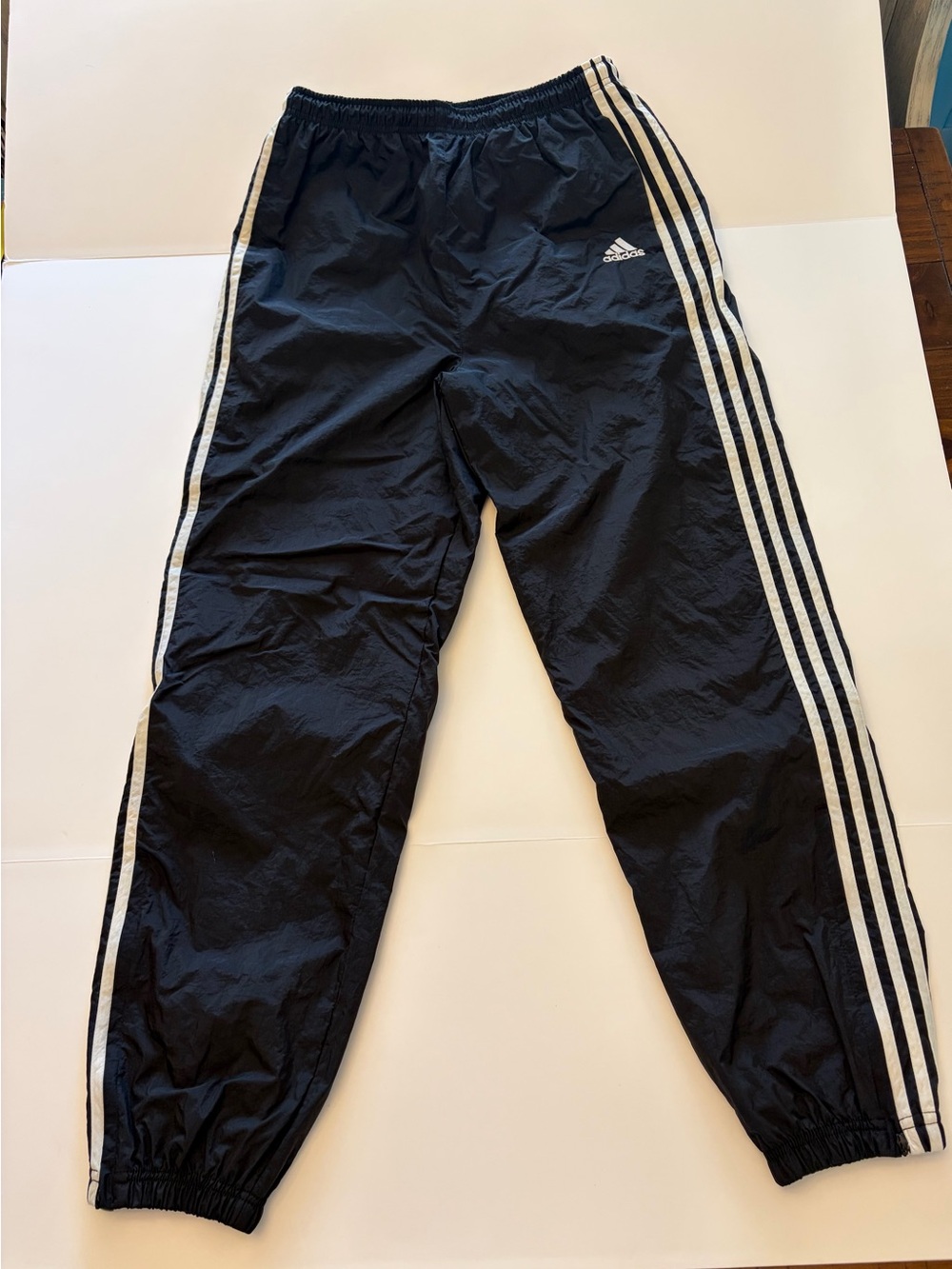 Vintage 90s Adidas Nylon Track Pant Black White 3 Stripe Windbreaker Ankle Zip M